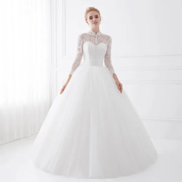 Chic / Beautiful White Wedding Dresses 2018 Ball Gown Lace High Neck 3/4 Sleeve Floor-Length / Long Wedding