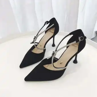 Fashion Black Street Wear Womens Sandals 2020 Rhinestone X Strap 8 Cm Stiletto Heels Pointed Toe Sandals
