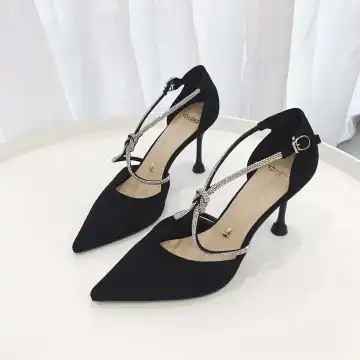 Fashion Black Street Wear Womens Sandals 2020 Rhinestone X Strap 8 Cm Stiletto Heels Pointed Toe Sandals