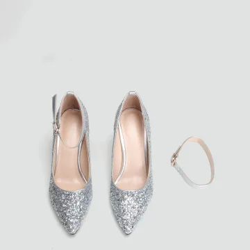 Sparkly Sølv Paljetter Brudesko 2020 Ankelstropp 9 Cm Stiletthæler Spisse Bryllup Pumps