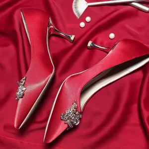 Chic Belle Rouge Faux Diamant Chaussure De Mariée 2020 Cuir 7 Cm Talons Aiguilles À Bout Pointu Mariage Escarpins