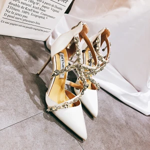 Charming White Wedding Shoes 2020 Leather Rhinestone X Strap 10 Cm Stiletto Heels Pointed Toe Wedding Sandals