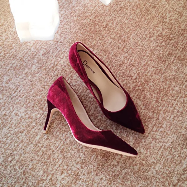 Modest / Simple Burgundy Office OL Suede Pumps 2020 Leather 10 cm Stiletto Heels Pointed Toe Pumps