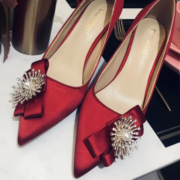Elegant Burgundy Leather Wedding Shoes 2020 Pearl Rhinestone Bow 10 cm Stiletto Heels Pointed Toe Wedding Pumps