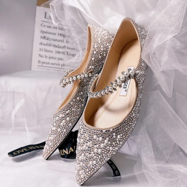 Charming Silver Leather Flat Wedding Shoes 2020 Pearl Rhinestone Pointed Toe Flat Wedding Heels