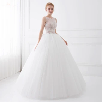 Chic Belle Blanche Robe De Mariée 2018 Robe Boule Perlage En Dentelle Fleur Encolure Dégagée Sans Manches Longue