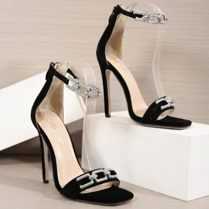 Sexy Noire Soirée Faux Diamant Sandales Femme 2021 Bride Cheville 11 Cm Talons Aiguilles Peep Toes Bout Ouvert Sandales Talons Hauts