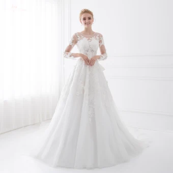 Chic Belle Blanche Robe De Mariée 2018 Princesse Noeud En Dentelle Fleur Encolure Dégagée Dos Nu 3 4 Manches Longue Mariage