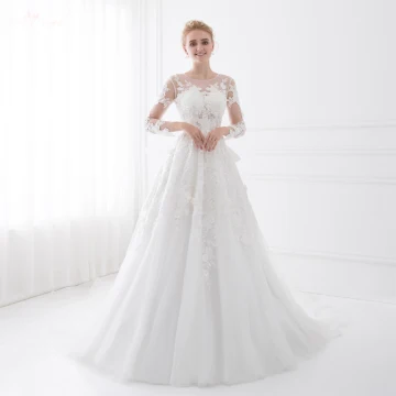 Chic Beautiful White Wedding Dresses 2018 A Line Princess Bow Lace Flower Scoop Neck Backless 3 4 Sleeve Floor Length Long Wedding