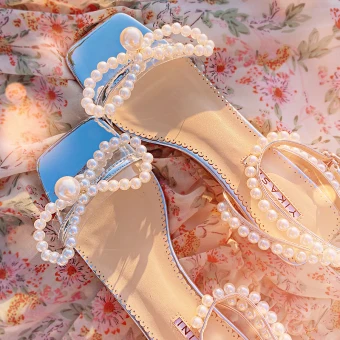 Sexy Summer Silver Dancing Womens Sandals 2020 Leather Pearl Ankle Strap 5 Cm Thick Heels Open Peep Toe Sandals