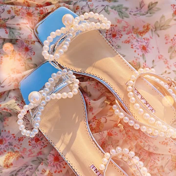 Sexy Zomer Zilveren Dansen Sandalen Dames 2020 Leer Parel Enkelband 5 Cm Dikke Hak Peep Toe Sandalen