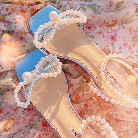 Sexy Summer Silver Dancing Womens Sandals 2020 Leather Pearl Ankle Strap 5 cm Thick Heels Open / Peep Toe Sandals