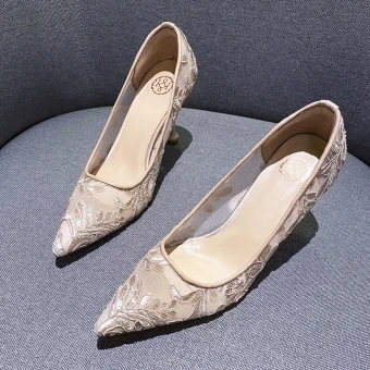 Charming Champagne See Through Flower Lace Wedding Shoes 2020 8 Cm Stiletto Heels Pointed Toe Wedding Pumps