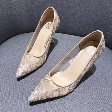 Uroczy Szampan Przezroczyste Kwiat Z Koronki Buty Ślubne 2020 8 Cm Szpilki Szpiczaste Ślub Czółenka