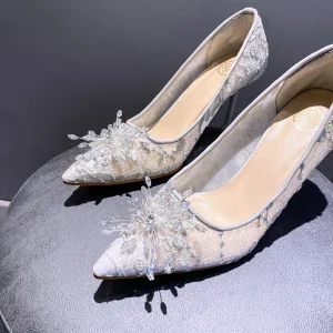 Charmig Grå Kristall Brudskor 2020 Spets 8 Cm Stilettklackar Spetsiga Bröllop Pumps