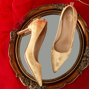 Mode Doré Chaussure De Mariée 2020 Brodé 7 Cm Talons Aiguilles À Bout Pointu Mariage Escarpins