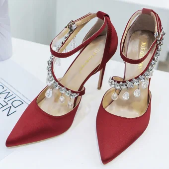 Charming Burgundy Wedding Shoes 2020 Rhinestone Ankle Strap 8 Cm Stiletto Heels Pointed Toe Wedding High Heels