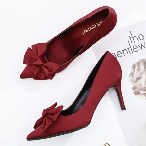Élégant Bordeaux Promo Satin Escarpins 2020 Cuir Noeud 8 Cm Talons Aiguilles À Bout Pointu Escarpins