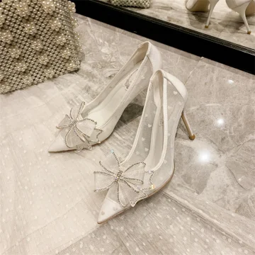 Charmant Witte Bruidsschoenen 2020 Rhinestone Strik 10 Cm Naaldhakken Stiletto Spitse Neus Huwelijk Pumps