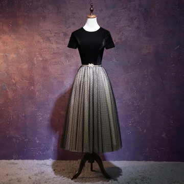 Chic Beautiful Black Prom Dresses 2018 A Line Princess Sash Suede Scoop Neck Backless Short Sleeve Tea Length Formal Dresses