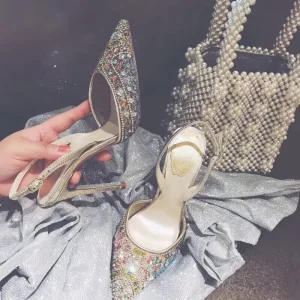 Chic Beautiful Multi Colors Rhinestone Slingbacks Wedding Shoes 2020 Leather 10 Cm Stiletto Heels Pointed Toe Wedding Sandals