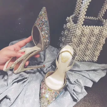 Chic Belle Multi Couleurs Faux Diamant Slingbacks Chaussure De Mariée 2020 Cuir 10 Cm Talons Aiguilles À Bout Pointu Mariage Sandales