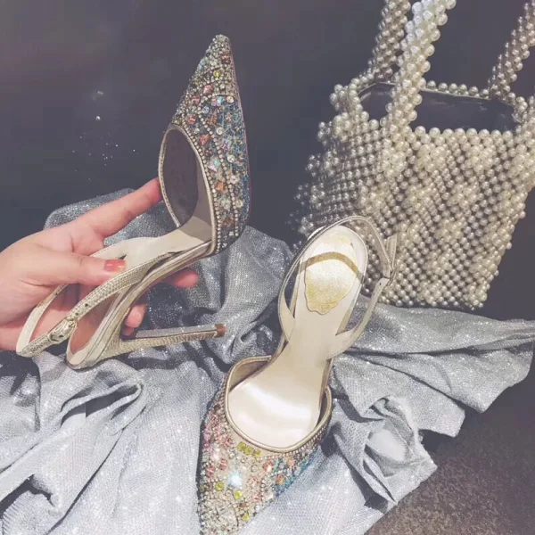 Chic / Belle Multi-Couleurs Faux Diamant Slingbacks Chaussure De Mariée 2020 Cuir 10 cm Talons Aiguilles À Bout Pointu Mariage Sandales
