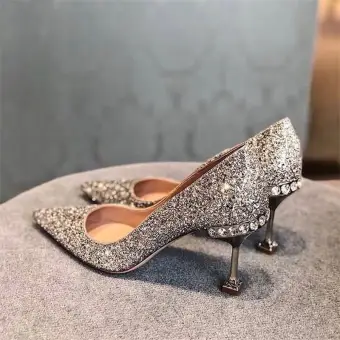Scintillantes Argenté Paillettes Chaussure De Mariée 2020 Cuir Faux Diamant 8 Cm Talons Aiguilles À Bout Pointu Mariage Escarpins