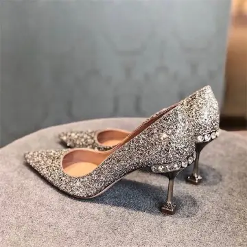 Scintillantes Argenté Paillettes Chaussure De Mariée 2020 Cuir Faux Diamant 8 Cm Talons Aiguilles À Bout Pointu Mariage Escarpins
