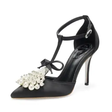 Fashion Black Prom Womens Sandals 2020 Leather Bow T Strap Pearl Rhinestone 9 Cm Stiletto Heels Pointed Toe Sandals