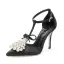 Fashion Black Prom Womens Sandals 2020 Leather Bow T-Strap Pearl Rhinestone 9 cm Stiletto Heels Pointed Toe Sandals
