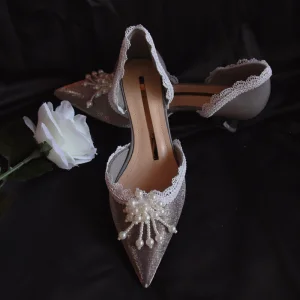 Elegant Grey Dating Pearl Womens Sandals 2020 Leather Lace Flower 4 Cm Stiletto Heels Low Heel Pointed Toe Sandals