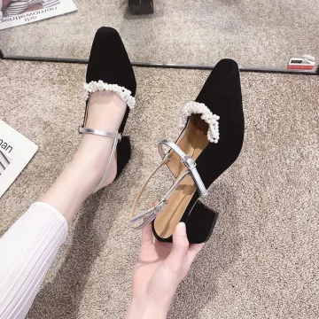 Elegante Zwarte Afspraak Parel Slingbacks Sandalen Dames 2020 Suede 6 Cm Dikke Hak Vierkante Teen Sandalen