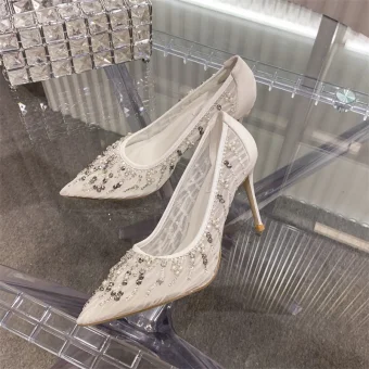 Charming White Lace Wedding Shoes 2020 Pearl Rhinestone 10 Cm Stiletto Heels Pointed Toe Wedding Pumps