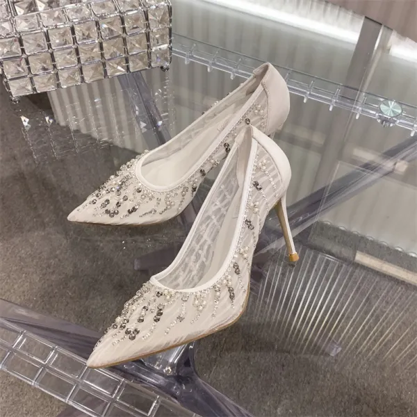 Charming White Lace Wedding Shoes 2020 Pearl Rhinestone 10 cm Stiletto Heels Pointed Toe Wedding Pumps