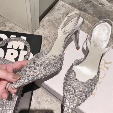 Charmant Zilveren Feest Rhinestone Sandalen Dames 2020 Leer Slingbacks 10 Cm Naaldhakken Stiletto Spitse Neus Sandalen