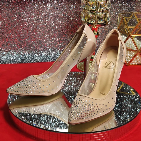 Chic / Beautiful Nude Evening Party Rhinestone Pumps 2020 10 cm Stiletto Heels Pointed Toe Pumps