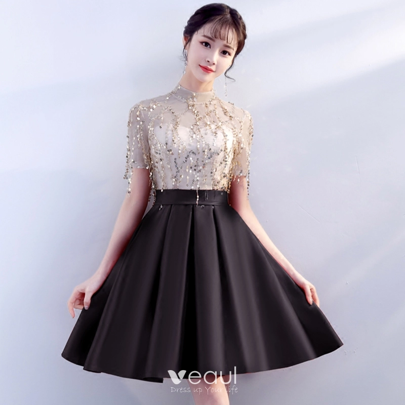 Moda Negro Vestidos de fiesta 2018 A Line Princess Lentejuelas Cuello Alto Manga Corta Por La Rodilla Vestidos Formales