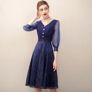 Chic Belle Bleu Marine De Retour Paillettes Robe De Graduation 2020 Princesse V Cou 3 4 Manches Mi Longues Robe De Ceremonie