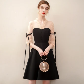 Elegant Black Homecoming Short Graduation Dresses 2020 A Line Princess V Neck 3 4 Sleeve Formal Dresses