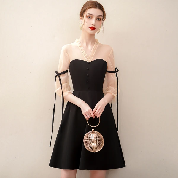 Elegant Black Homecoming Short Graduation Dresses 2020 A Line Princess V Neck 3 4 Sleeve Formal Dresses Elegant Black Homecoming Short Graduation Dresses 2020 A Line Princess V Neck 3 4 Sleeve Formal Dresses
