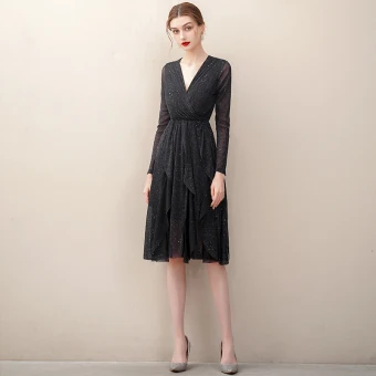 Charming Black Evening Dresses 2020 A Line Princess V Neck Sequins Rhinestone Sash Long Sleeve Knee Length Formal Dresses