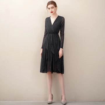 Charming Black Evening Dresses 2020 A Line Princess V Neck Sequins Rhinestone Sash Long Sleeve Knee Length Formal Dresses