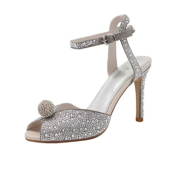 Scintillantes Argenté Faux Diamant Chaussure De Mariée 2020 Bride Cheville 9 cm Talons Aiguilles Peep Toes / Bout Ouvert Mariage Sandales