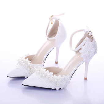 Elegant White Wedding Shoes 2020 Wedding Pearl Ankle Strap Lace Flower 9 Cm Stiletto Heels Pointed Toe Sandals