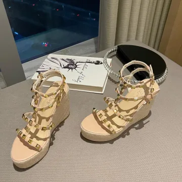 Roman Blushing Pink Street Wear Beach Womens Sandals 2021 Waterproof Rivet Ankle Strap T Strap 11 Cm Open Peep Toe Wedges Sandals High Heels