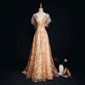 Luxe Doré Robe De Soirée 2018 Princesse Dentelle Perlage Cristal Perle V Cou Dos Nu Manches Courtes Train De Balayage Robe De Ceremonie
