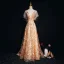 Luxury / Gorgeous Gold Evening Dresses  2018 A-Line / Princess Lace Beading Crystal Pearl V-Neck Backless Short Sleeve Sweep Train Formal Dresses