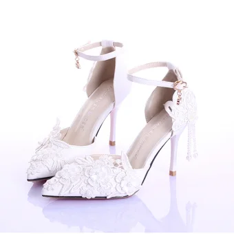 Elegant Ivory Wedding Shoes 2020 9 Cm Stiletto Heels Lace Flower Ankle Strap Pointed Toe Wedding Sandals