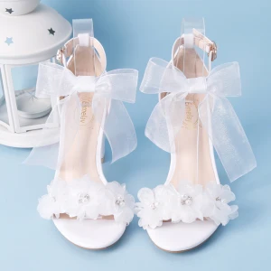 Chic Beautiful White Outdoor Garden Womens Sandals 2020 Bow Ankle Strap Pearl Rhinestone 7 Cm Stiletto Heels Open Peep Toe Sandals